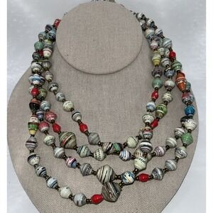 Long 32" Multicolor Striped Resin Bead Necklace Boho Statement Artisan Bold